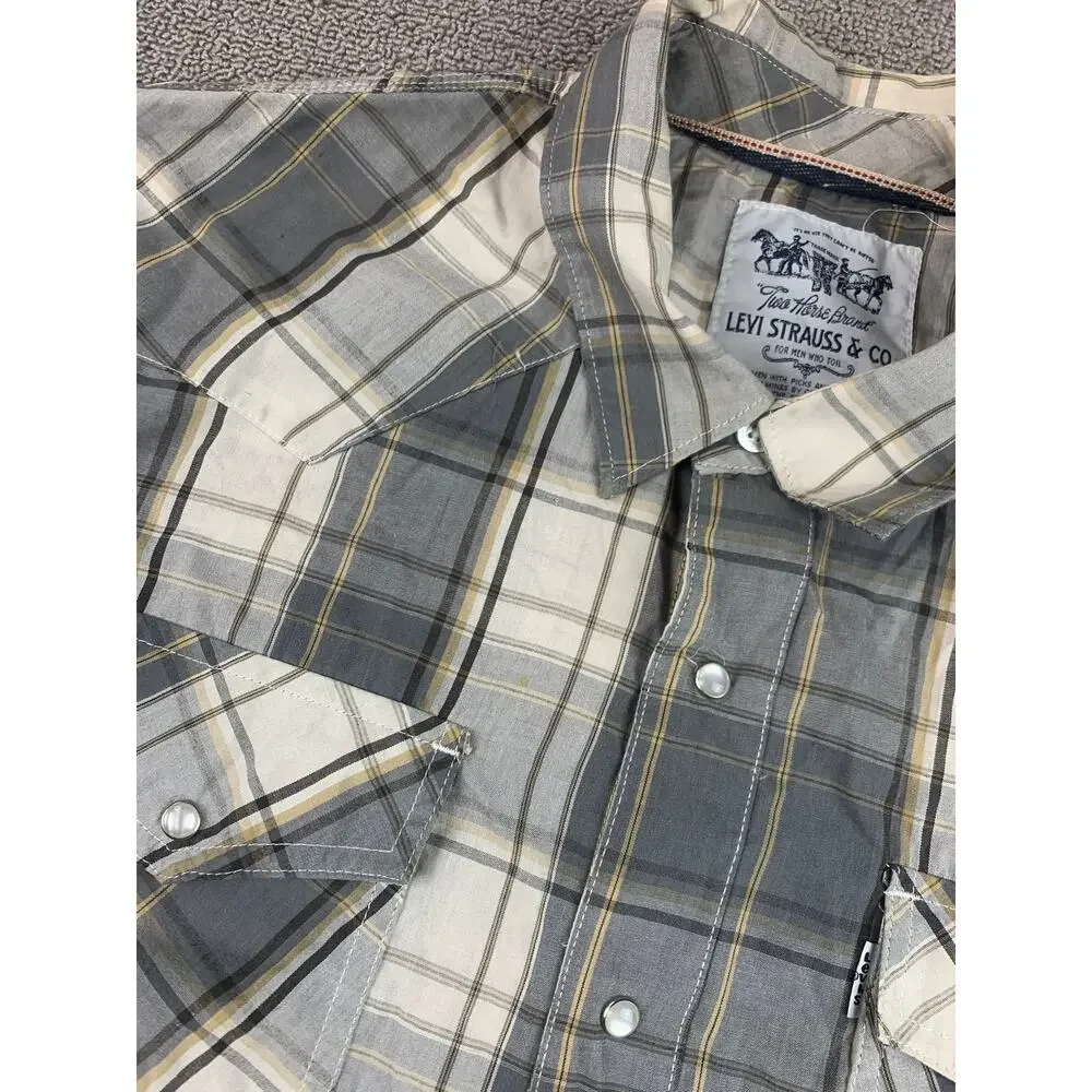 Levi’s Western Snap Shirt Men's L Gray Plaid‎ Short Sleeve Pearl Snaps